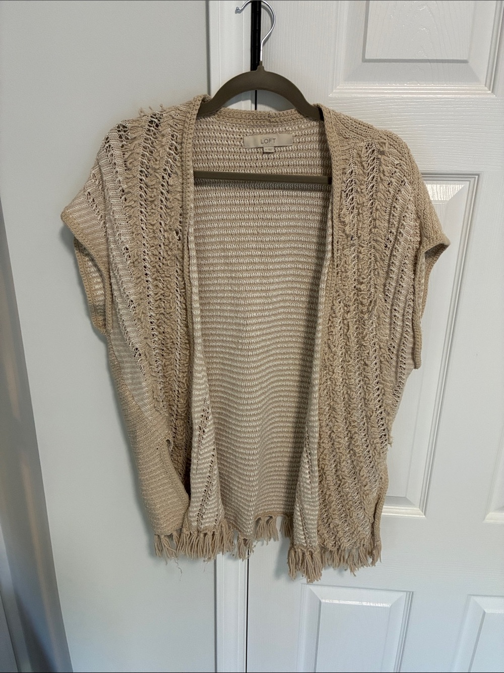 LOFT Beige Open-Front Knit Fringe Cardigan Vest
